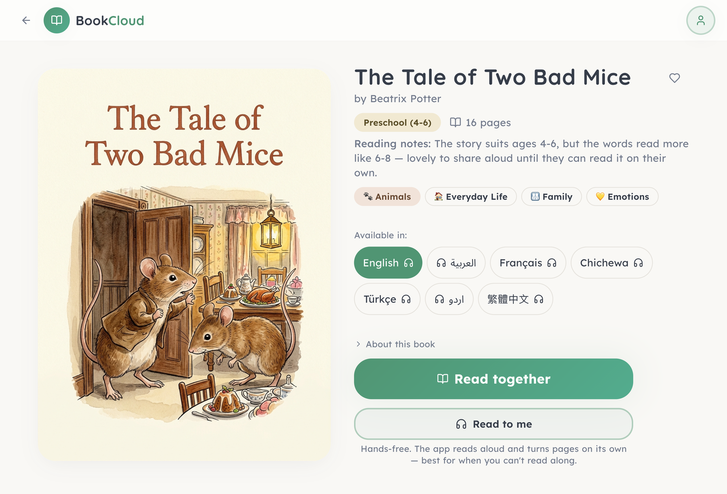 The BookCloud app open at 'The Tale of Two Bad Mice' by Beatrix Potter — its cover, the languages it can be read and heard in, and 'Read together' and 'Read to me' buttons