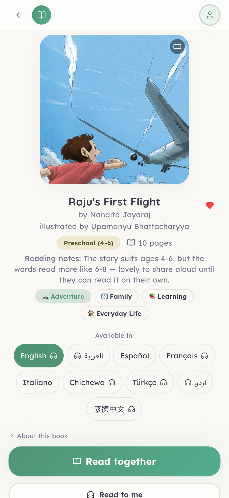 'Raju's First Flight' in the BookCloud app, listing the nine languages it can be read in — most with a read-aloud audio marker — and 'Read together' and 'Read to me' buttons