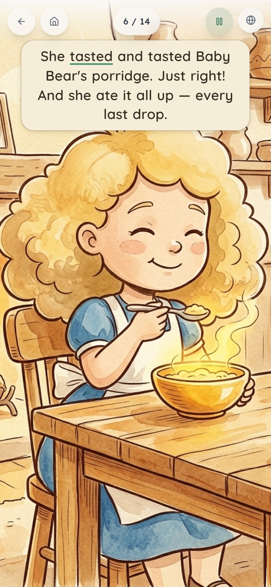 A page of 'Goldilocks and the Three Bears' in the BookCloud app being read aloud — the word 'tasted' carries a green rule beneath it as the narrator reaches it