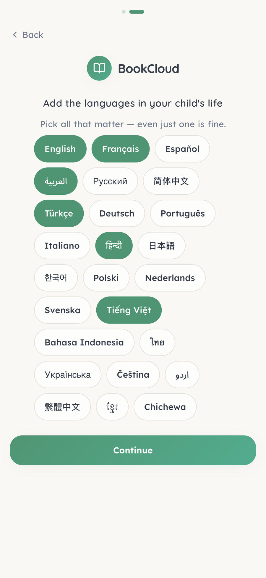 Choosing the languages your family speaks in BookCloud's setup — two dozen to pick from, including English, French, Arabic, Turkish, Hindi and Vietnamese