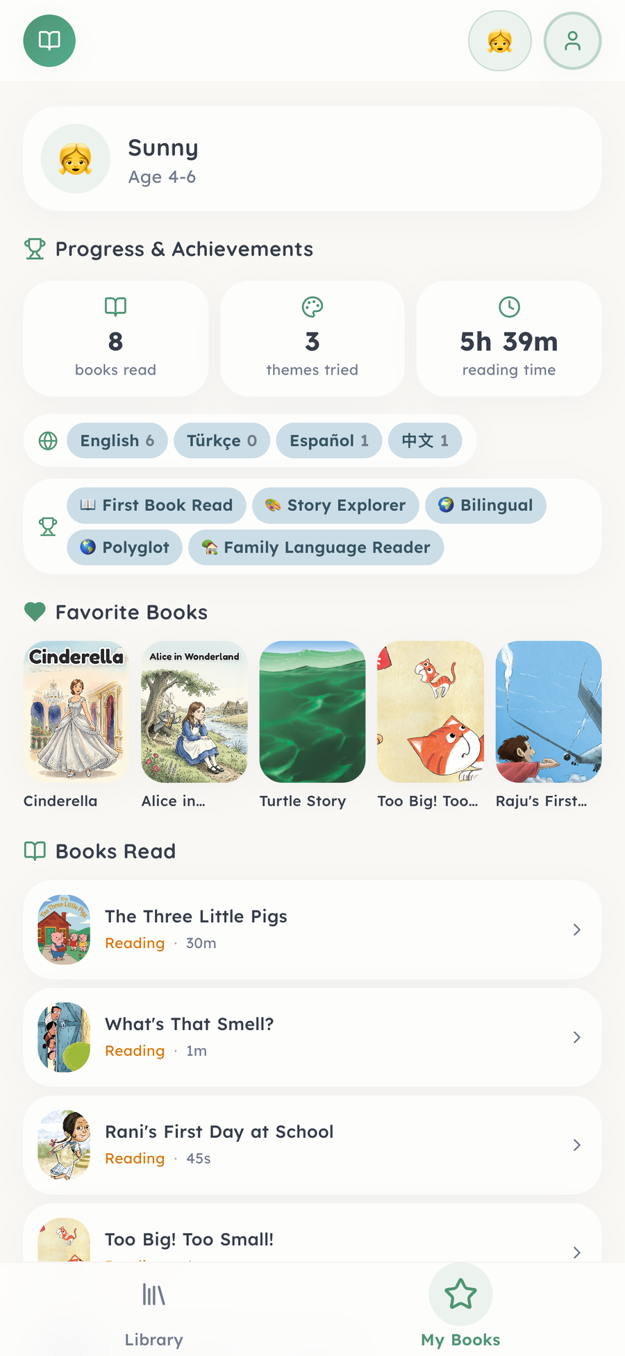A child's profile in BookCloud — favourite books, reading time, languages read and gentle milestones