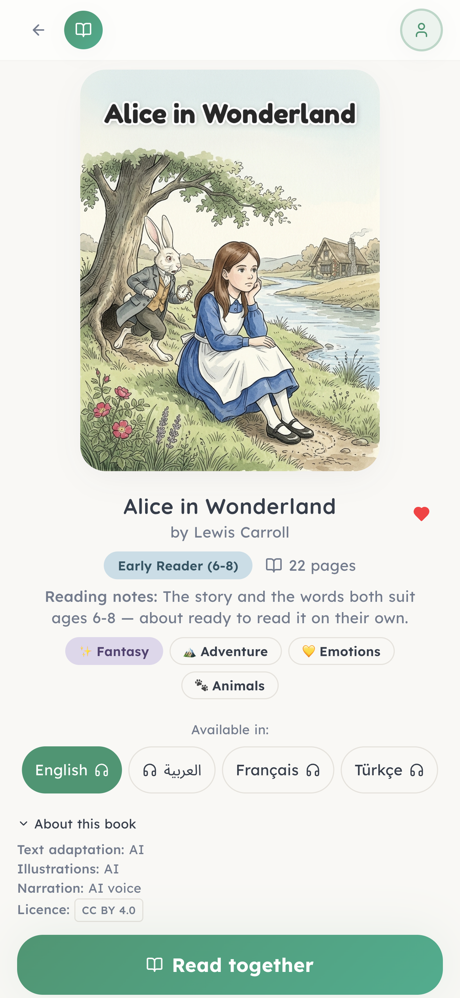 'Alice in Wonderland' in the BookCloud app — its age band, the languages it's available in, and an 'About this book' panel crediting the text, illustration and narration as AI-assisted, under the open CC BY 4.0 licence