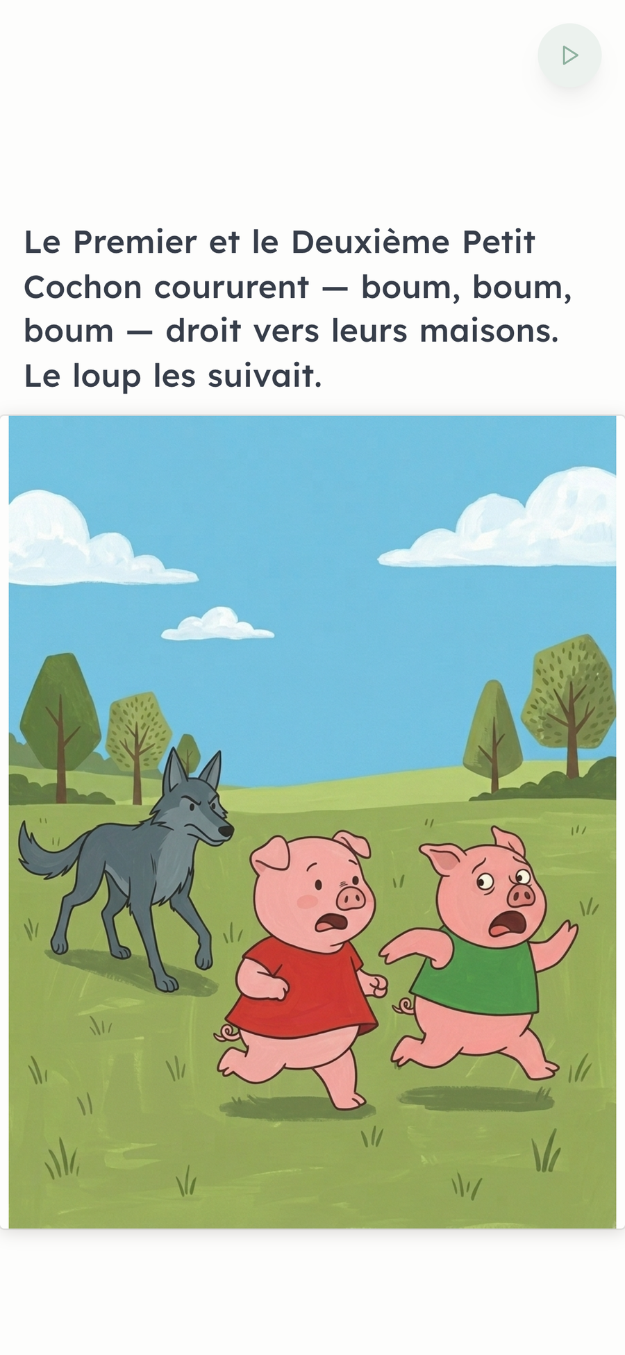A page of 'The Three Little Pigs' being read in French in the BookCloud app