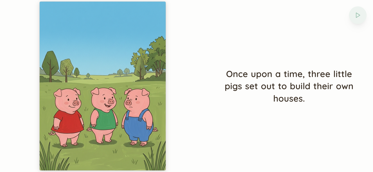 'The Three Little Pigs' in BookCloud turned landscape — the illustration beside the text