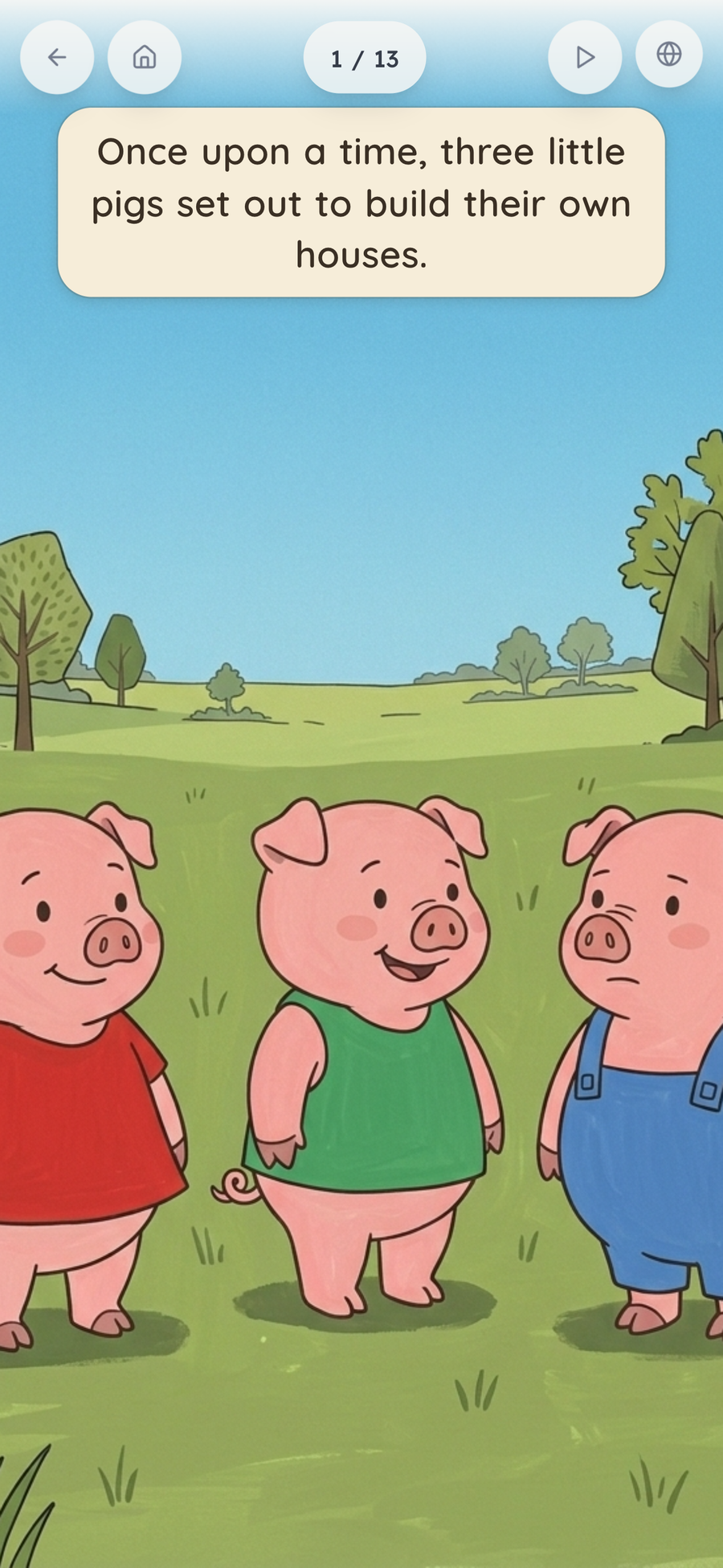 A full-bleed page from 'The Three Little Pigs' in BookCloud — the illustration fills the screen with the words in a caption above