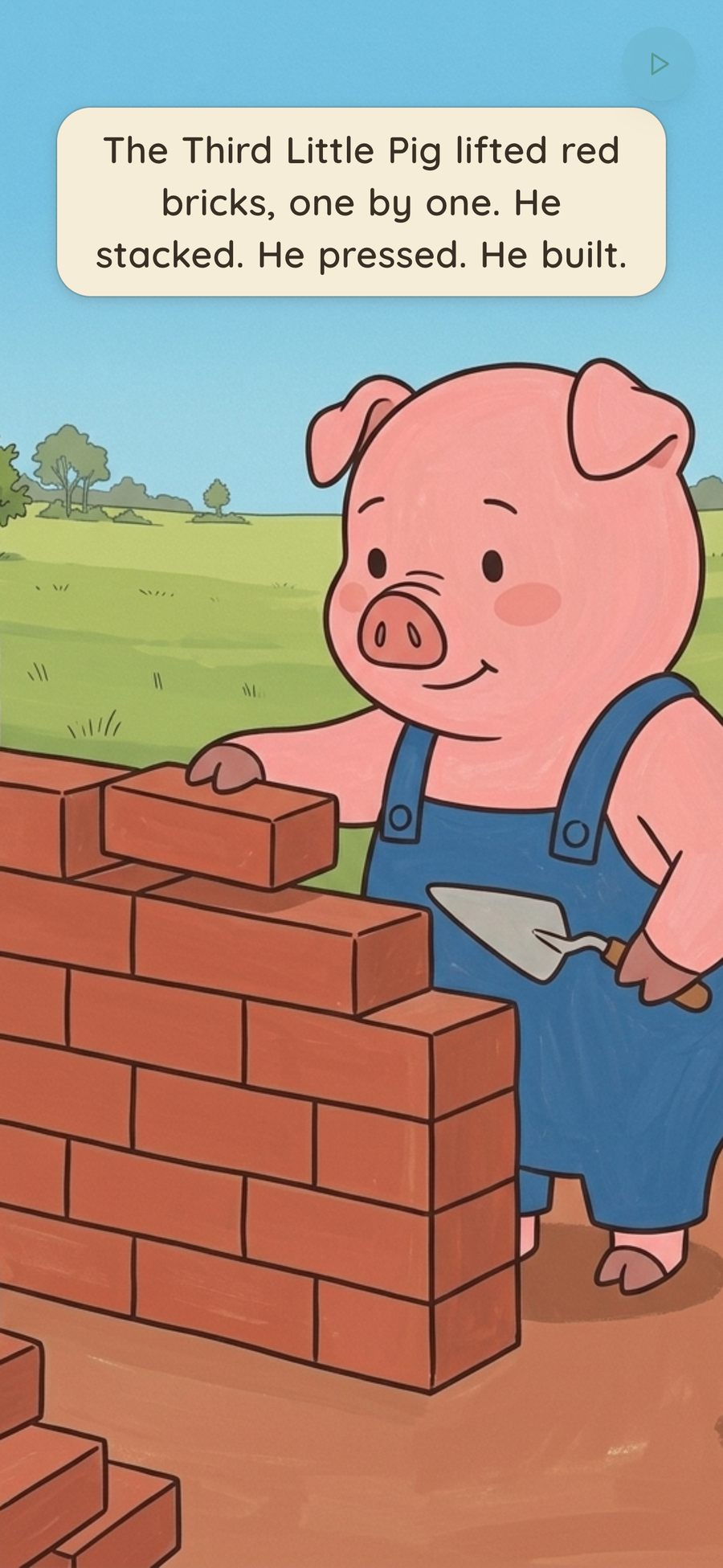 The same page of 'The Three Little Pigs' in the BookCloud app, in English — the illustration fills the screen with the words in a caption above